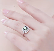 Perfect 1 Carat princess cut Emerald and Moissanite Diamond double Halo Engagement Ring in White Gold