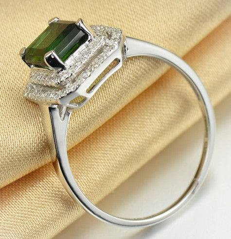 Perfect 1 Carat princess cut Emerald and Moissanite Diamond double Halo Engagement Ring in White Gold