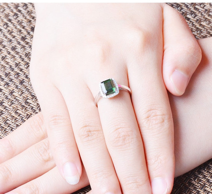 Perfect 1 Carat princess cut Emerald and Moissanite Diamond Halo Engagement Ring in White Gold