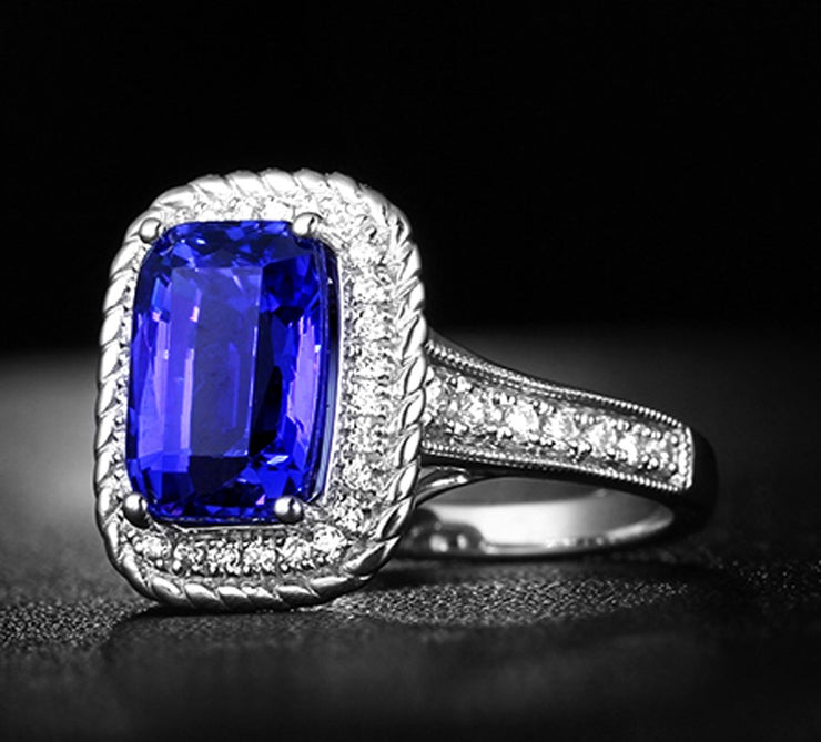 Perfect 2 Carat cushion cut Blue Sapphire and Moissanite Diamond Antique Engagement Ring in White Gold