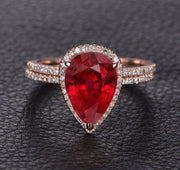 Perfect Bridal Set on Sale 1.50 carat Pear Cut Ruby and Moissanite Diamond Bridal Set in Rose Gold: Bestselling Design