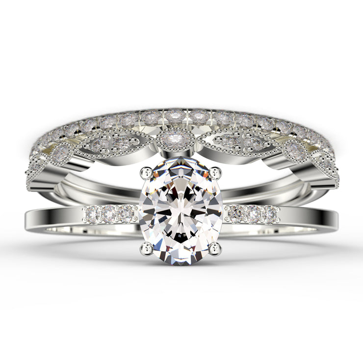 Beautiful Unique Art Deco
 2.50 Carat Oval Cut Diamond Moissanite Engagement Ring, Wedding Ring, Two Matching Band in 925 Sterling Silver With 18k White Gold
 Plating Gift For Her