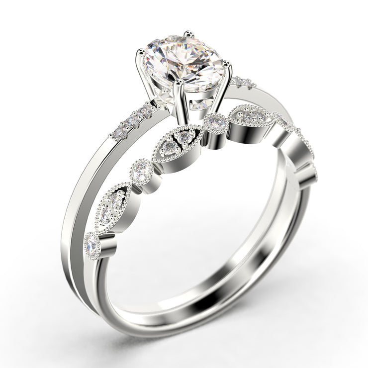 Beautiful Unique Art Deco 2.00 Carat Oval Cut Diamond Moissanite Engagement Ring, Wedding Ring, One Matching Band In 925 Sterling Silver With 18K  Gold Plating Gift For Her