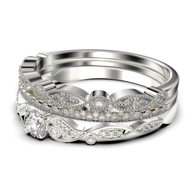 Vintage Look Boho & hippie 1.75 Carat Round Cut Diamond Moissanite Engagement Ring, Wedding Ring in 10k/14k/18k Solid Gold, Promise Ring, Anniversary Ring, Trio Set, Matching Band