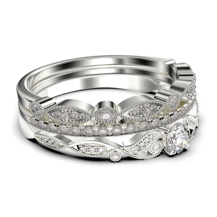 Vintage Look Boho & hippie 1.75 Carat Round Cut Diamond Moissanite Engagement Ring, Wedding Ring in 10k/14k/18k Solid Gold, Promise Ring, Anniversary Ring, Trio Set, Matching Band