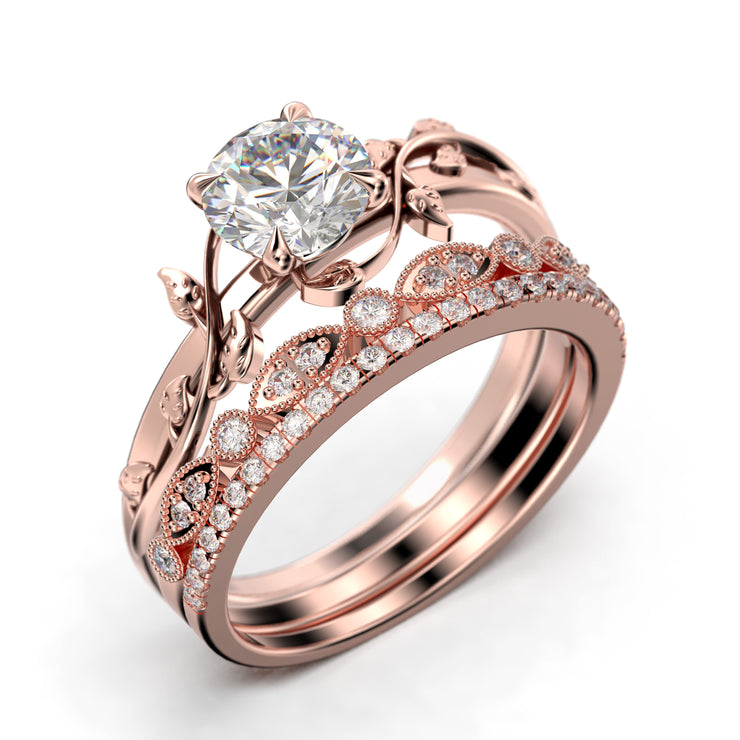 Vine Leaf Ring, Boho & hippie 2.00 Carat Round Cut Diamond Moissanite Engagement Ring, Wedding Ring in 10k/14k/18k Solid Gold, Gift, Promise Ring For Her, Trio Set, Matching Band