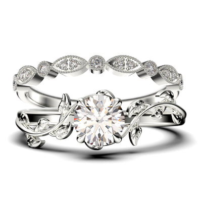 Vine Leaf Ring, Boho & Hippie 1.50 Carat Round Cut Diamond Moissanite Engagement Ring, Wedding Ring In 925 Sterling Silver With 18K  Gold Plating, Gift, Bridal Set, Matching Band