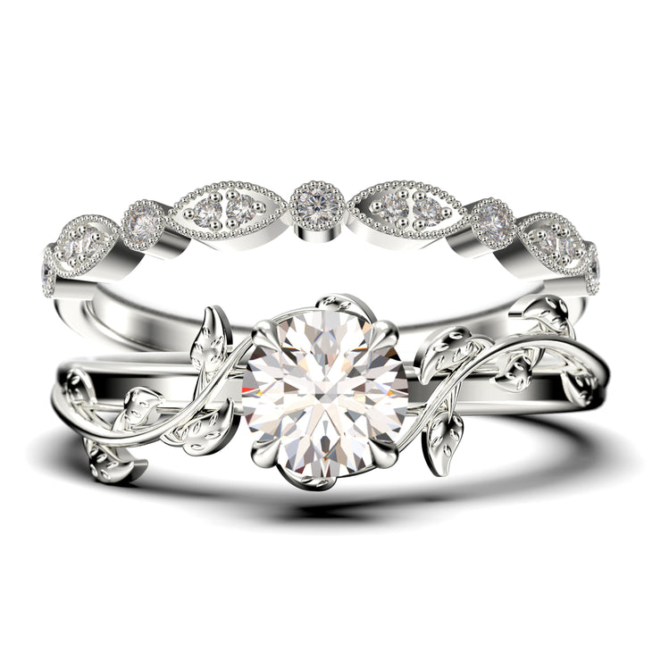 Vine Leaf Ring, Boho & Hippie 1.50 Carat Round Cut Diamond Moissanite Engagement Ring, Wedding Ring In 925 Sterling Silver With 18K  Gold Plating, Gift, Bridal Set, Matching Band
