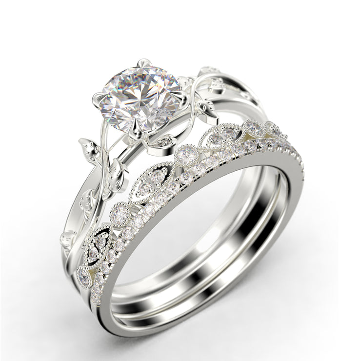 Vine Leaf Ring, Boho & hippie 2.00 Carat Round Cut Diamond Moissanite Engagement Ring, Wedding Ring in 10k/14k/18k Solid Gold, Gift, Promise Ring For Her, Trio Set, Matching Band