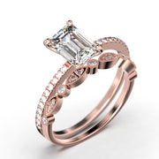 Art deco
 2.00 Carat Emerald Cut Diamond Moissanite Engagement Ring Set, Wedding Ring in 10k/14k/18k Solid Gold, Feminine Gift, Promise Ring, Anniversary Gift