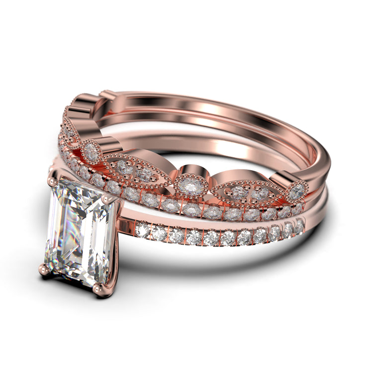 Art deco
 2.50 Carat Emerald Cut Diamond Moissanite Engagement Ring Set, Wedding Ring in 10k/14k/18k Solid Gold, Feminine Gift, Promise Ring, Anniversary Gift