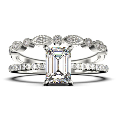 Art deco
 2.00 Carat Emerald Cut Diamond Moissanite Engagement Ring Set, Wedding Ring in 10k/14k/18k Solid Gold, Feminine Gift, Promise Ring, Anniversary Gift