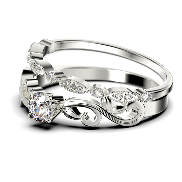 Art Nouvea Vintage Twisted Salt And Pepper 1.00 Carat Round Cut Diamond Moissanite Engagement Ring, Antique Design Wedding Ring in10k/14k/18k Solid Gold,  Bridal Set, Matching Band