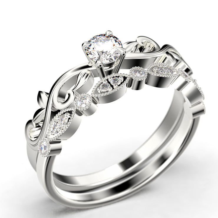 Art Nouvea Vintage Twisted Salt And Pepper 1.00 Carat Round Cut Diamond Moissanite Engagement Ring, Antique Design Wedding Ring in10k/14k/18k Solid Gold,  Bridal Set, Matching Band