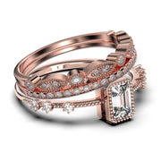 Art Deco
 2.25 Carat Emerald
 Cut Diamond Moissanite Thin Engagement Ring, Slim Wedding Ring in 10k/14k/18k Solid Gold,  Trio Rings Set, Holiday Gift, Promise Ring, Anniversary Ring