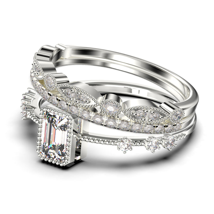 Art Deco
 2.25 Carat Emerald
 Cut Diamond Moissanite Thin Engagement Ring, Slim Wedding Ring in 10k/14k/18k Solid Gold,  Trio Rings Set, Holiday Gift, Promise Ring, Anniversary Ring