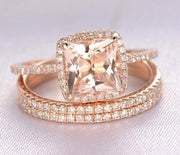 Sale 2 carat Morganite Trio Wedding Bridal Ring Set in 10k Rose Gold with One Engagement Ring and 2 Wedding Bands