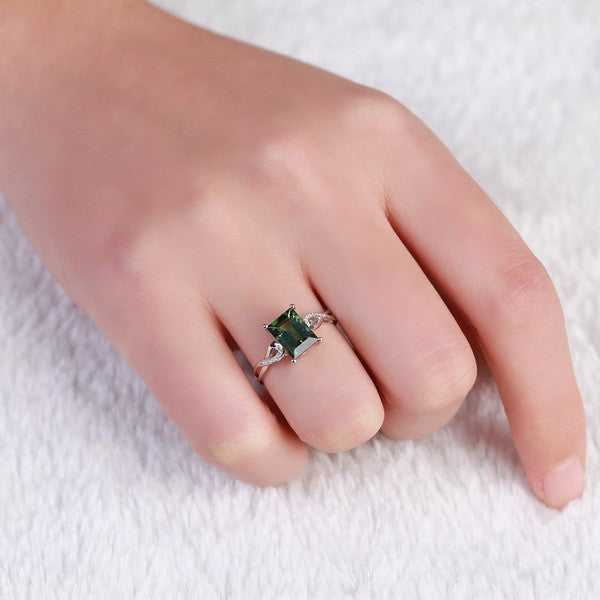 Unique 1.50 Carat Emerald and Moissanite Diamond Infinity Engagement Ring in White Gold