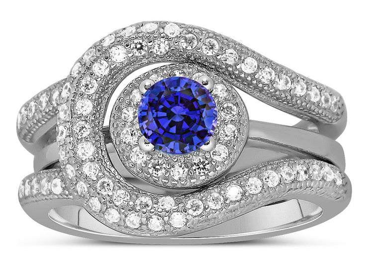 Unique and Luxurious, 2 Carat Designer Sapphire and Moissanite Diamond Wedding Ring Set in White Gold