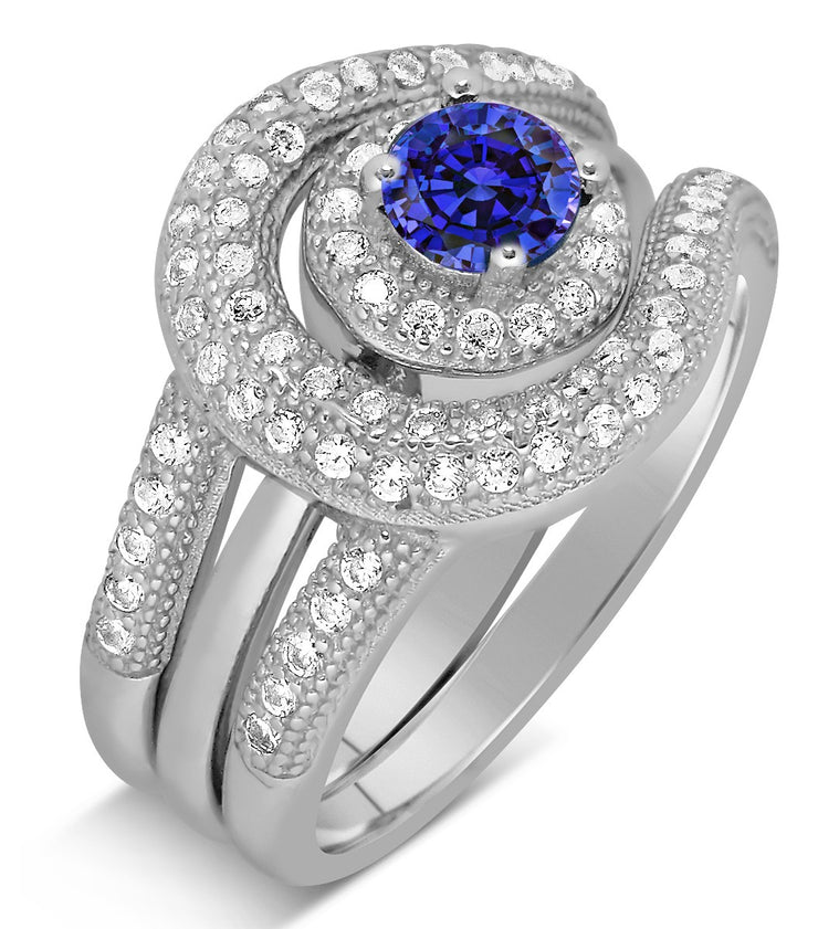 Unique and Luxurious, 2 Carat Designer Sapphire and Moissanite Diamond Wedding Ring Set in White Gold