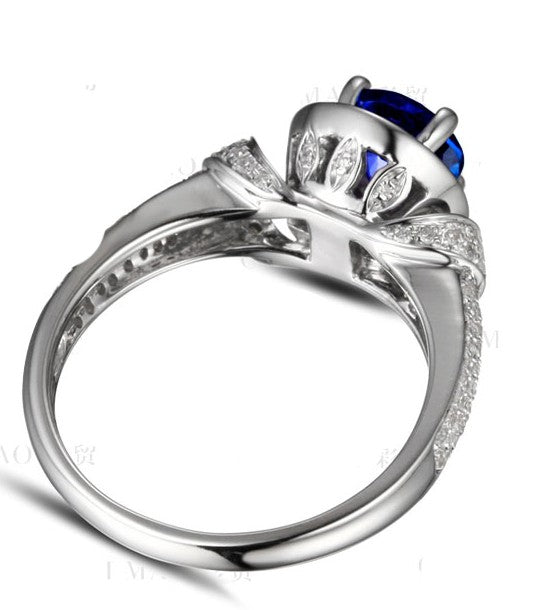 Vintage 1.50 Carat Blue Sapphire and Moissanite Diamond Art Nouveau Engagement Ring in 10k White Gold