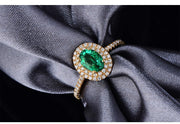 Vintage 2 Carat Emerald and Moissanite Diamond Double Halo Engagement Ring in Yellow Gold