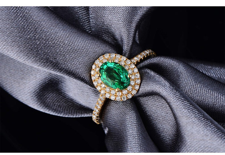 Vintage 2 Carat Emerald and Moissanite Diamond Double Halo Engagement Ring in Yellow Gold
