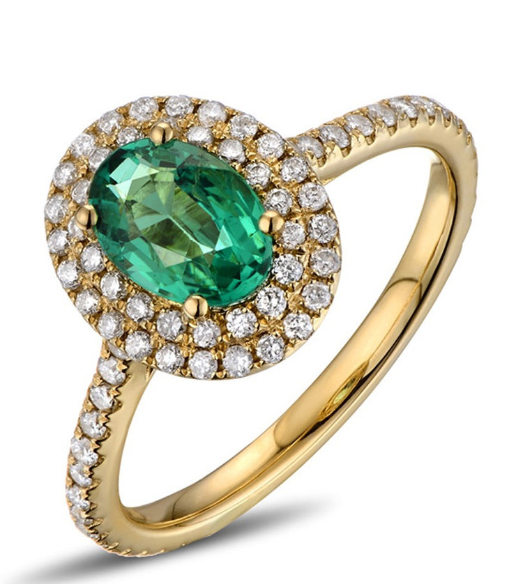 Vintage 2 Carat Emerald and Moissanite Diamond Double Halo Engagement Ring in Yellow Gold