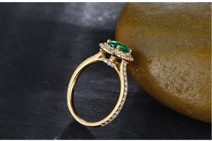 Vintage 2 Carat Emerald and Moissanite Diamond Double Halo Engagement Ring in Yellow Gold