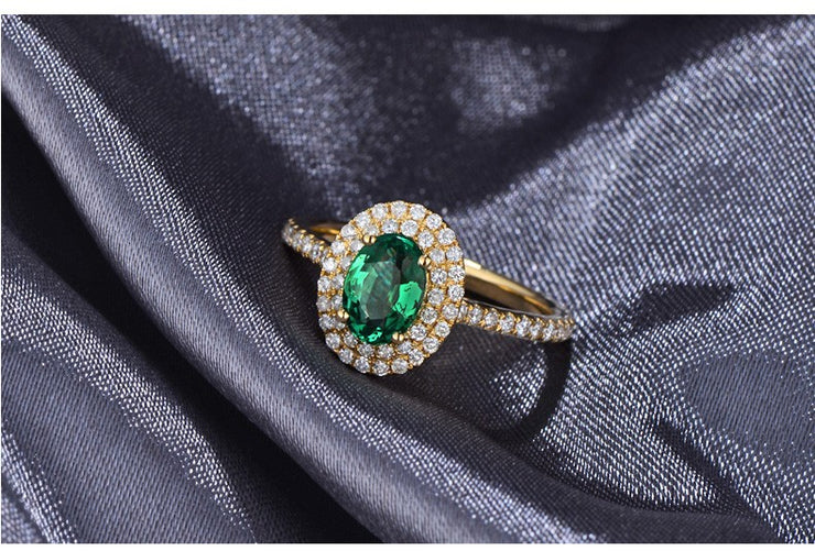 Vintage 2 Carat Emerald and Moissanite Diamond Double Halo Engagement Ring in Yellow Gold